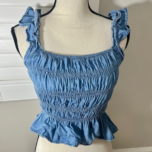 Women’s Smocked Tank Top Size S Ruffle Short Crop Solid Blue Shirt Cottage - Picture 3 of 7